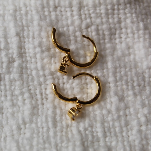 Sterling Silver Gold Hoops with Single Simulated Diamond Charm - Picture 6 of 6
